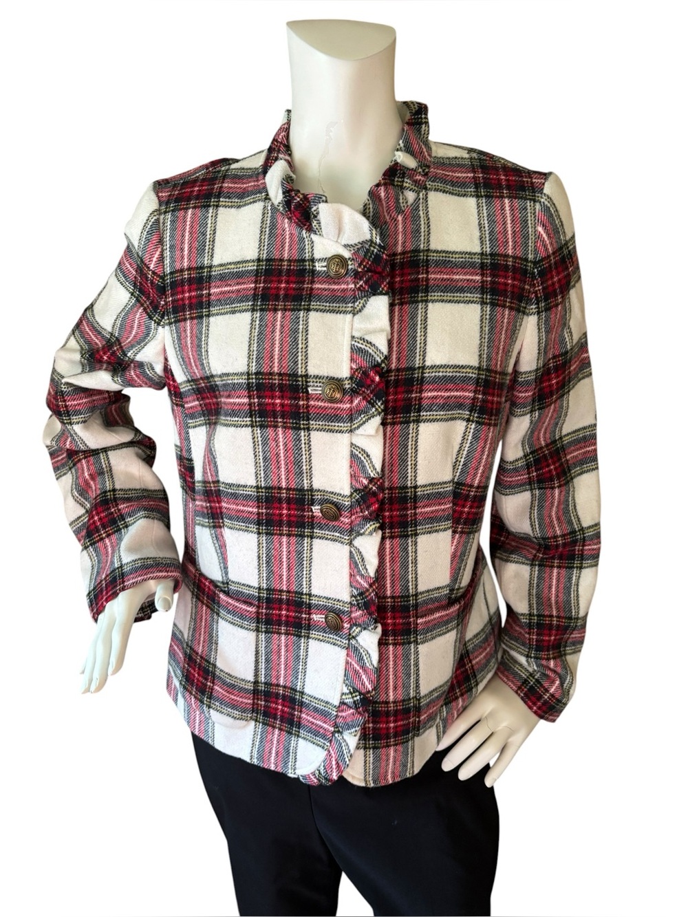 Talbots Ruffle-Trim Shetland Tartan Plaid Jacket, Wool Blend, Red, White, 12